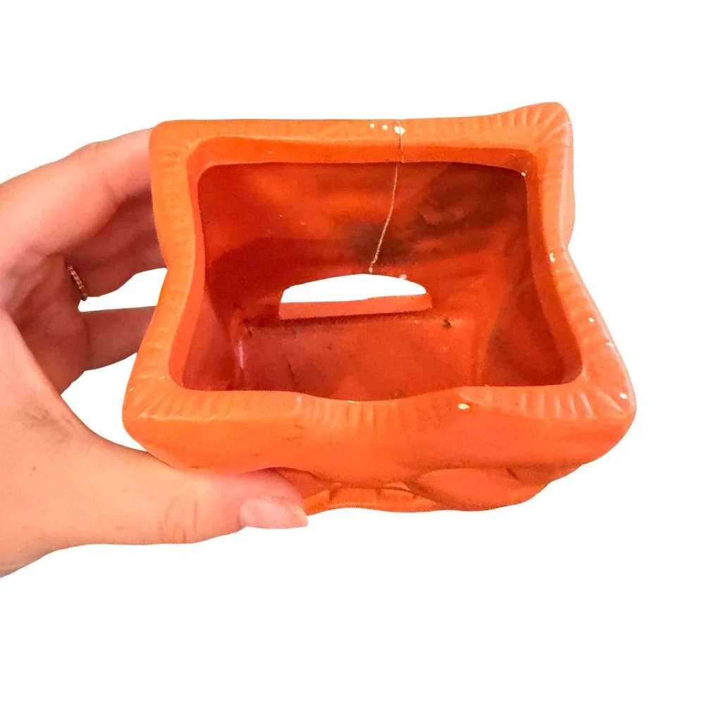 Vintage Orange Ceramic Square Jack O' Lantern Halloween Votive Candle Holder